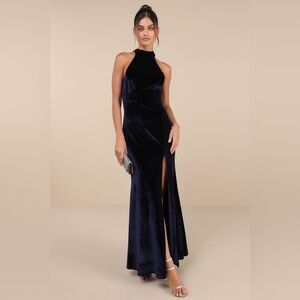 NWT Lulus Fabulous Always Navy Blue Velvet Backless Mermaid Maxi Dress - Large